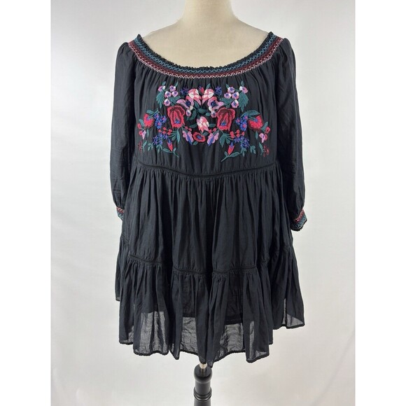 Free People Sunbeams Off Shoulder Mini Dress Black Small Embroidered Ruffled - Picture 3 of 16